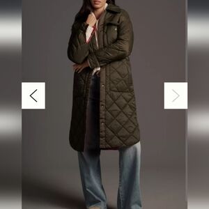 Anthropologie Quilted Dark Green Coat with Pink Interior